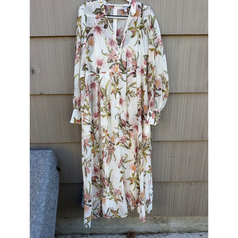 Chelsea28 Floral Maxi Dress Womens 1X White Pink Long Sleeve V-Neck Lined Pocket